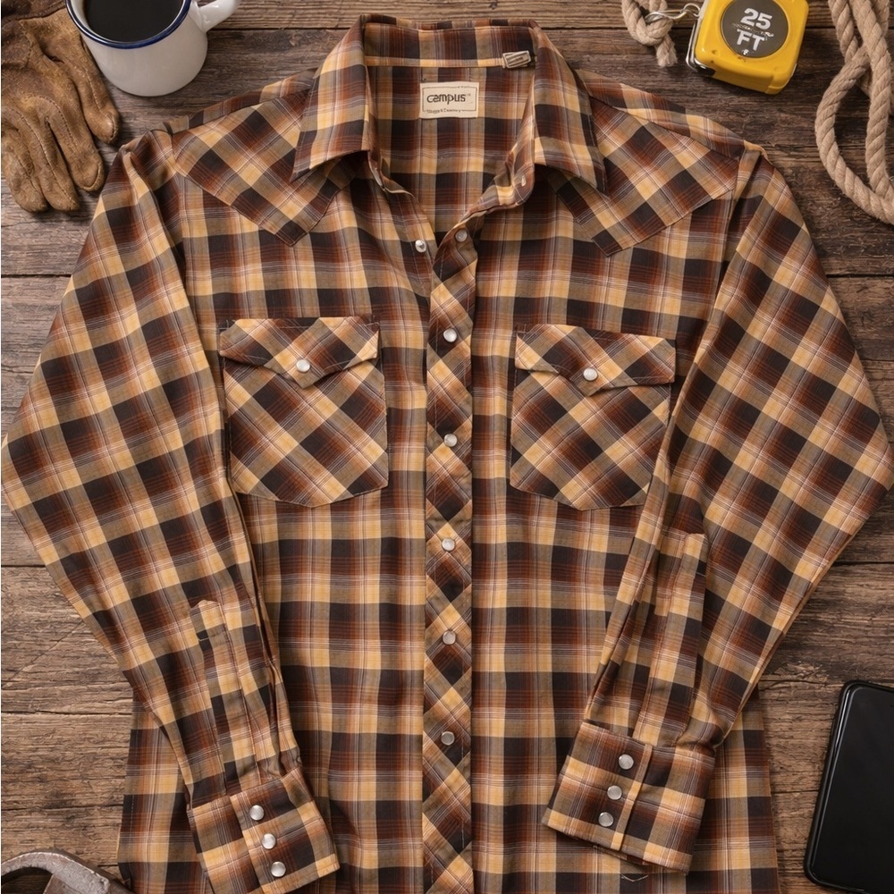 Vintage Campus Golden Brown Plaid Pearl Snap Shirt